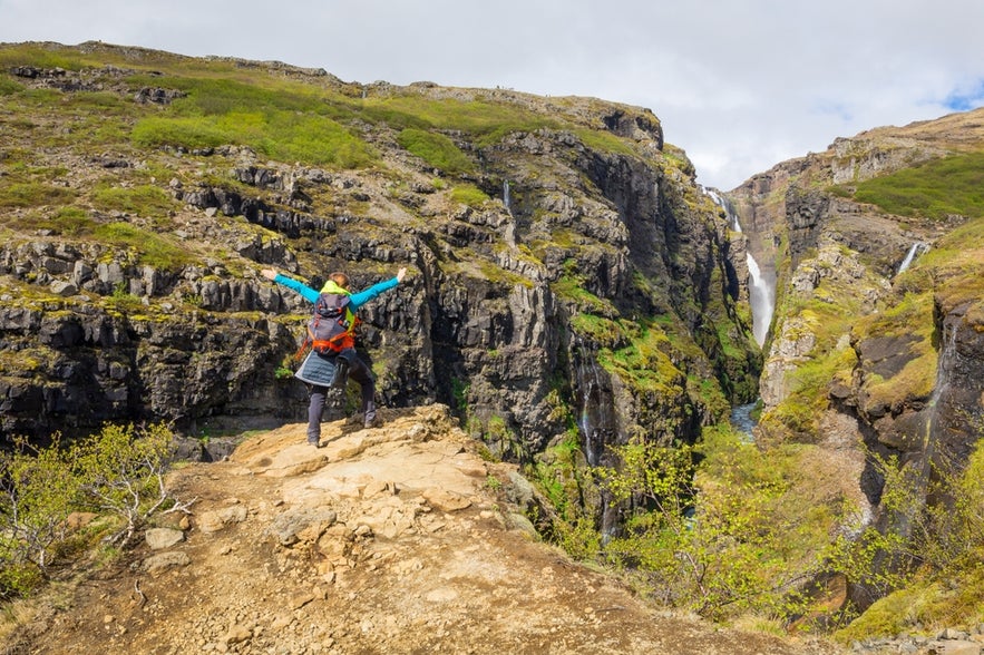 Hiker celebrating at a viewpoint overlooking the Glymur Waterfall trail in Iceland.