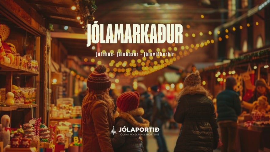 Christmas market with warm lights and holiday decorations at Jolamarkadur Kolaportids in Iceland.