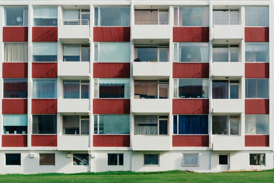 Modern apartment building facade, a common home after work in Iceland.