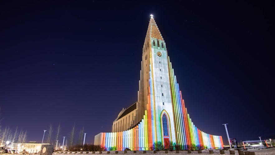 Hallgrimskirkja lit up during Reykjavik’s Winter Lights Festival, a popular event in Iceland in February