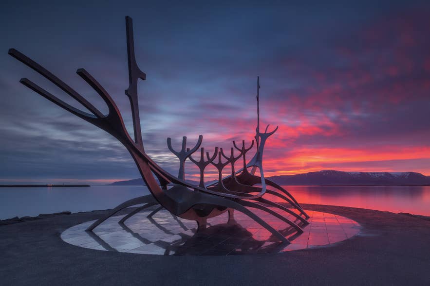 The Sun Voyager sculpture glowing at sunset, a must-see in Reykjavik in May.