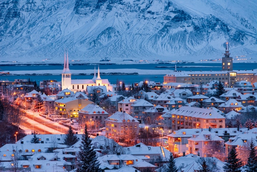 Reykjavik, capital city in Iceland in winter in the evening. Reykjavik, capital city in Iceland in winter in the evening.