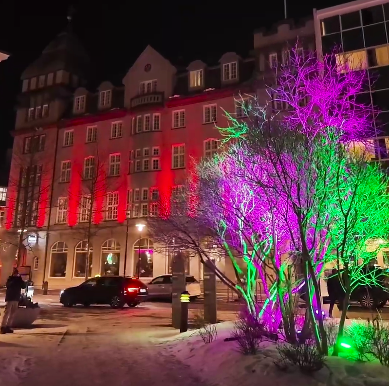 Colorful tree lights and illuminated buildings in snowy Reykjavík during the Winter Lights Festival in February, Iceland.