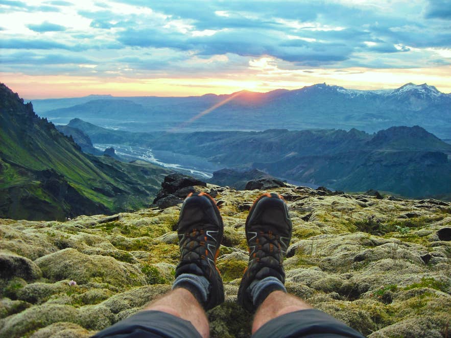 Waterproof hiking boots and warm socks are essential when camping and hiking in Iceland.