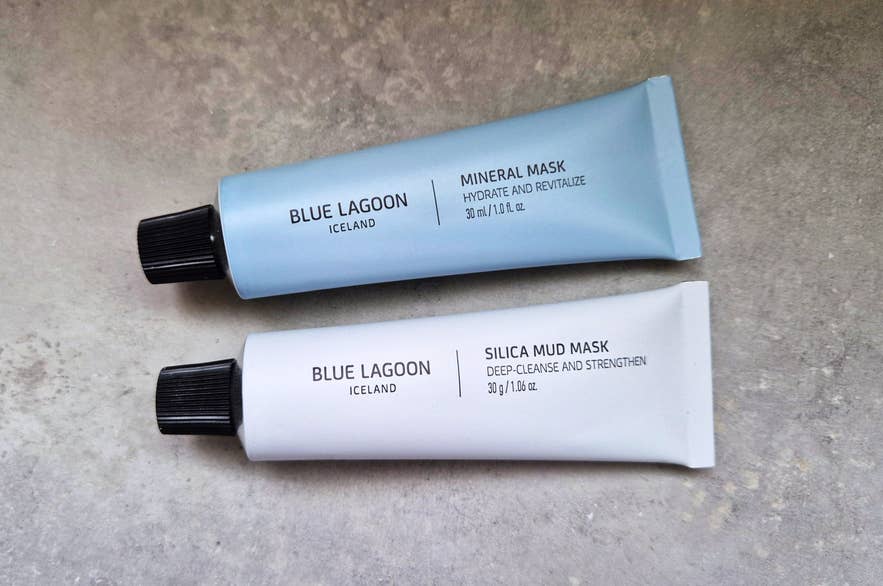 Blue Lagoon Skincare Silica Mud Mask and Mineral Mask tubes side by side, highlighting Icelandic geothermal skincare for winter dryness.