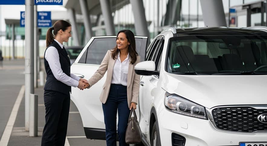 An airport transfer service staff member shakes the hand of a passenger who made a booking.