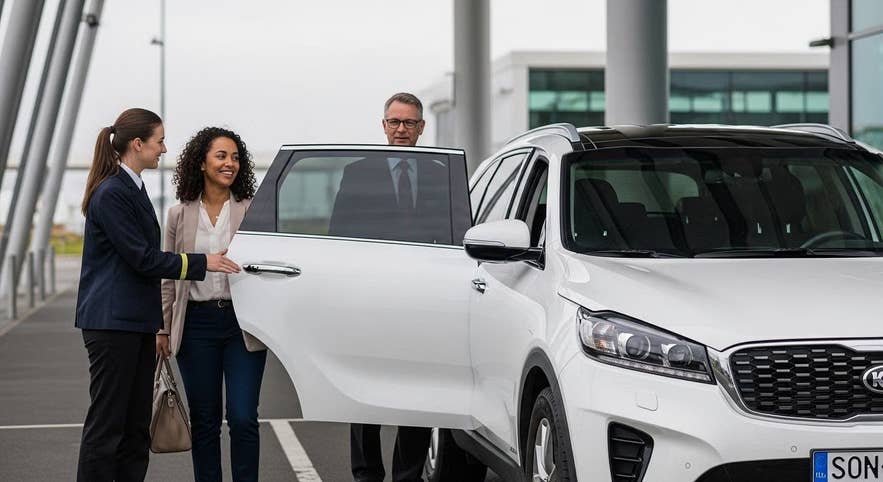 A female driver of a private airport transfer vehicle in Iceland opens the door for passengers to get in.