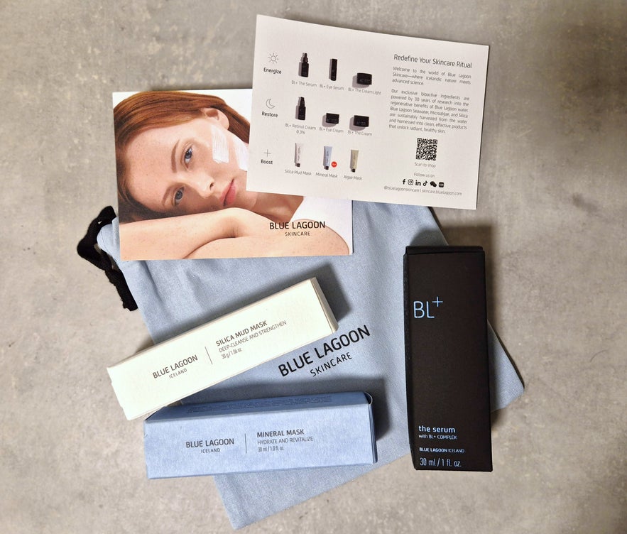 Blue Lagoon Skincare haul featuring BL+ serum, Silica Mud Mask, Mineral Mask, and brochure laid out with branded pouch.