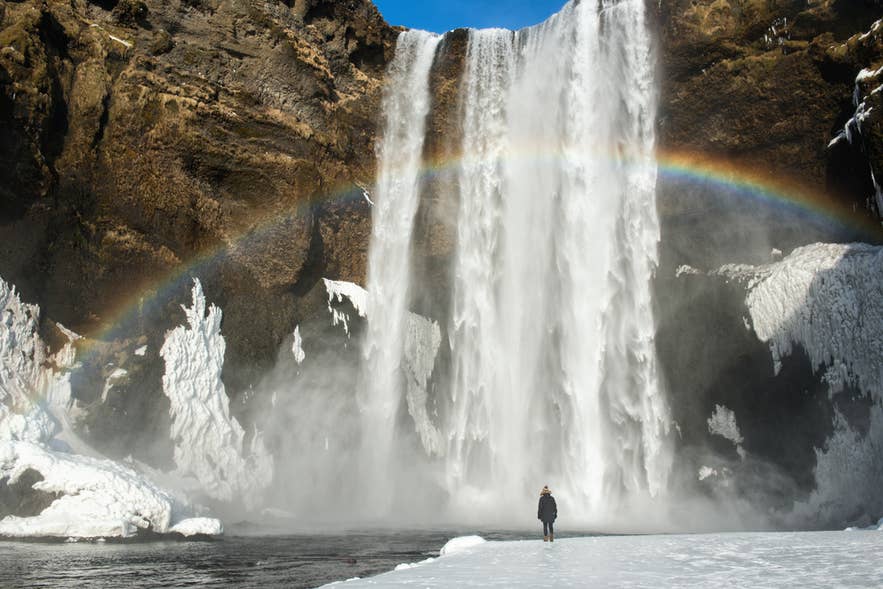 Der Skogafoss-Wasserfall stürzt in Island über vereiste Klippen. Durch den Nebel und über den verschneiten Boden spannt sich ein Regenbogen.