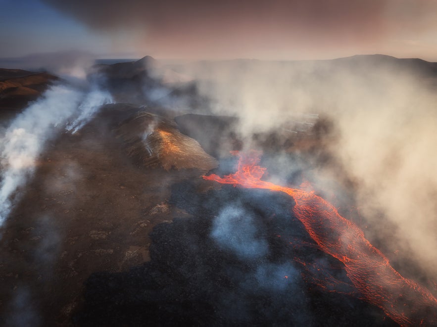 Lava flowing from the Litli-Hrutur eruption in 2023 in Iceland