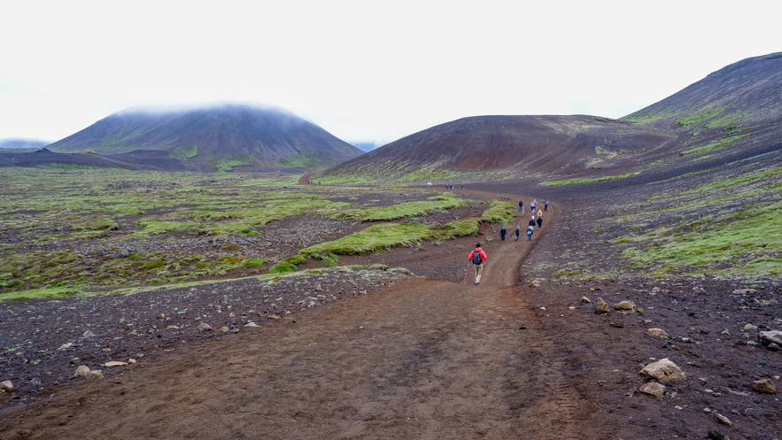Des randonneurs marchent sur un sentier de terre à travers les champs de lave moussue vers les pentes du volcan Fagradalsfjall sur la péninsule de Reykjanes.