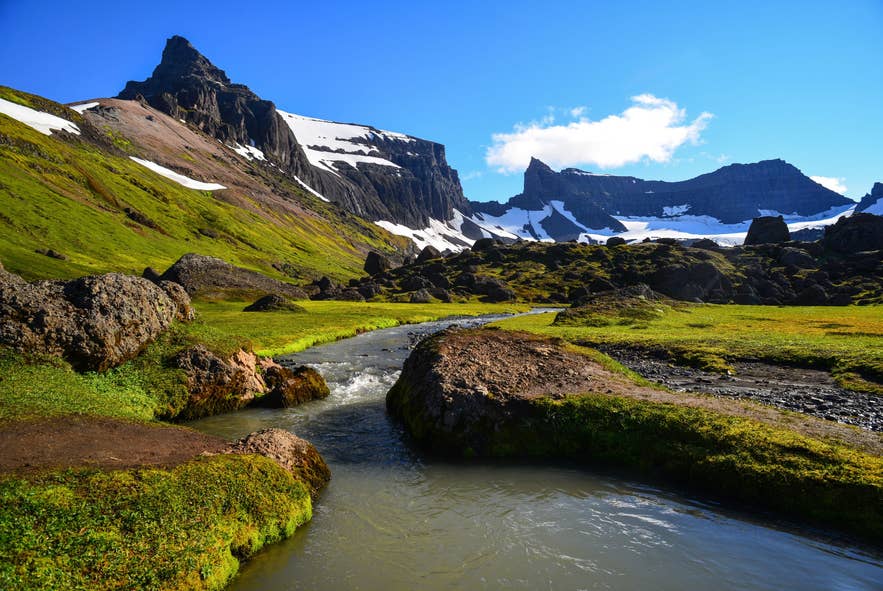 Bergvallei in de IJslandse Hooglanden met met mos begroeide lavastenen, gletsjerpieken en een heldere beek.