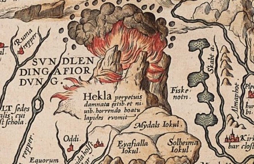 La rappresentazione di Hekla da parte del cartografo Abraham Ortelius, 1590-1608