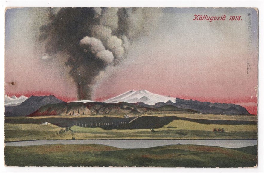 Un'antica cartolina raffigurante l'eruzione del Katla del 1918