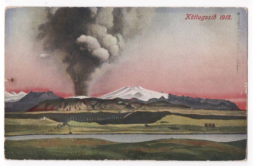 Illustrated postcard of the 1918 Katla Volcano eruption, captioned Kotlugosid 1918. Illustrated postcard of the 1918 Katla Volcano eruption, captioned Kotlugosid 1918.