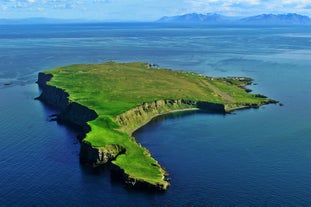 Vue aérienne d'un paysage d'un vert éclatant sur l'île de Grimsey.