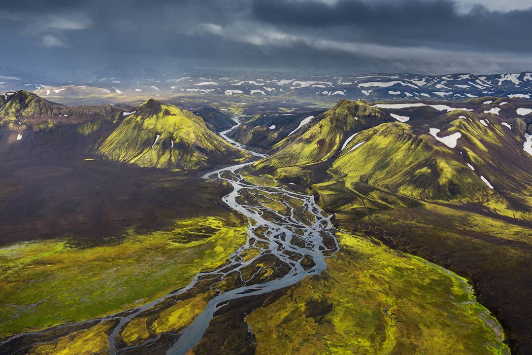 The Highlands of Iceland's Fjallabak Nature Reserve is home to scenic mountains, glaciers, and river systems.