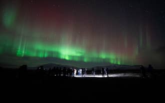 A group of travelers on a snowy field basking under a curtain of northern lights in Iceland.