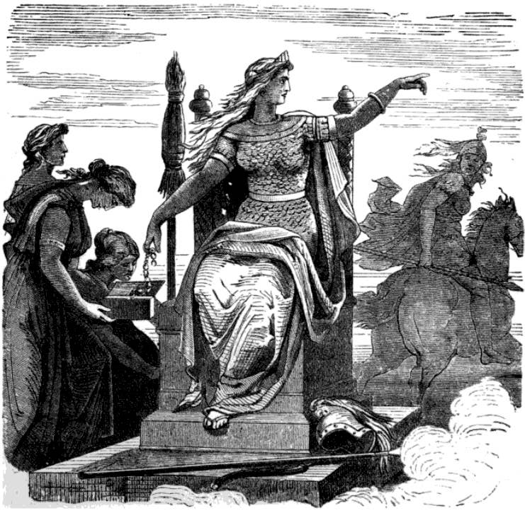 Historische Illustration von Frigg, einer bedeutenden nordischen Göttin, auf einem Thron sitzend und Autorität und Anmut ausstrahlend.