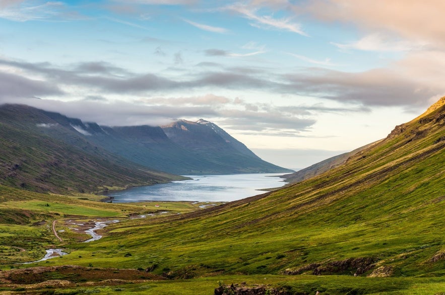 View over Mjoifjordur in the East Fjords, one of the most remote places in Iceland