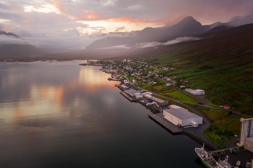 Sunset by the mountains of Faskrudsfjordur above the town