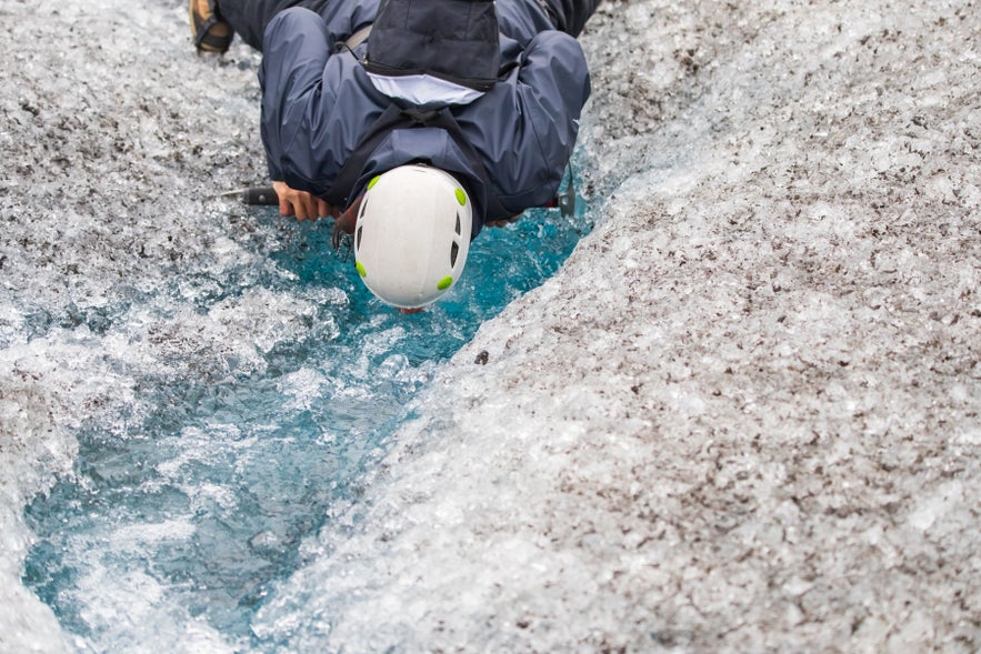 Pure glacier water from Vatnajokull Glacier in Iceland, safe for drinking and often used in Icelandic liquor and spirits.