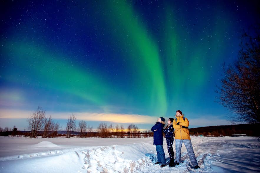 People in winter jackets watching the northern lights over a snowy field in Iceland on a cold, clear January night.
