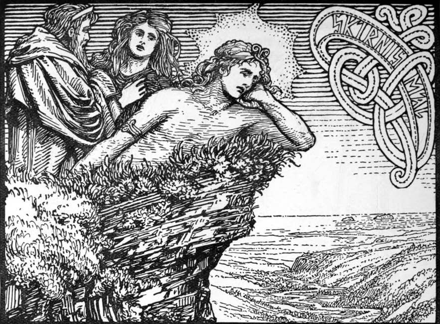 Diese Illustration aus der nordischen Mythologie zeigt den Liebeskummer von Freyr aus den isländischen Sagas.