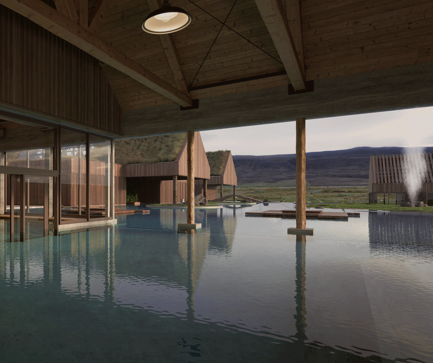 The geothermal pool inside Reykjabod Hot Springs.