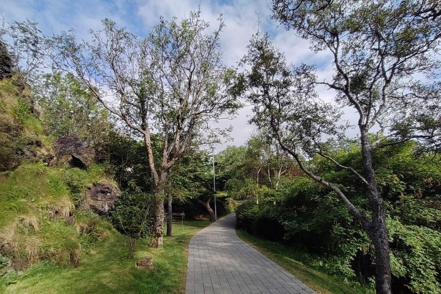 The main pathway in Hellisgerdi is made from stone and is heated in the winter The main pathway in Hellisgerdi is made from stone and is heated in the winter