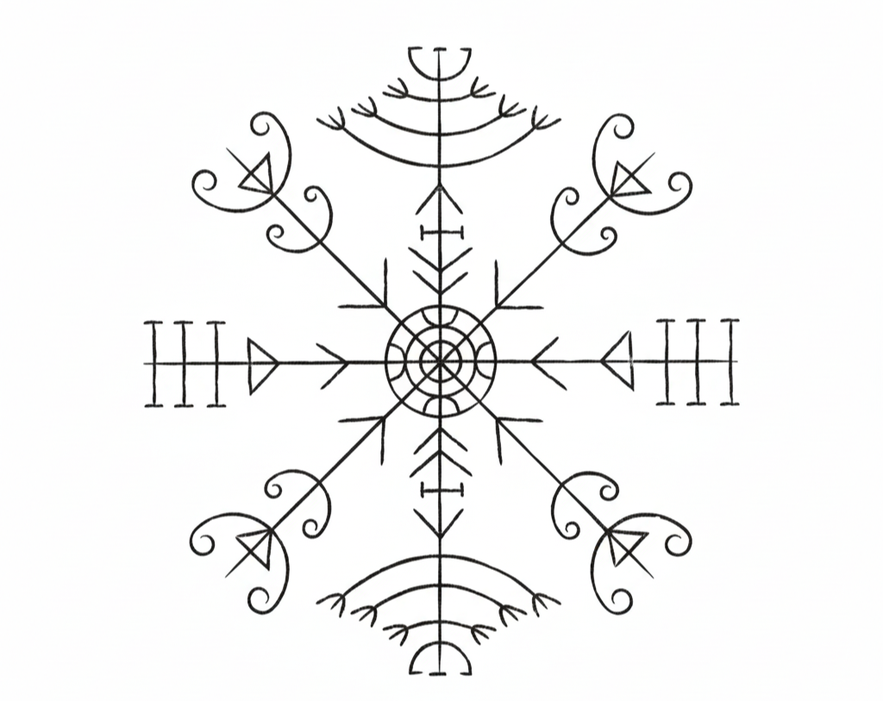 Veldismagn magical stave from Icelandic folklore, a protective galdrastafur symbol associated with strength and safe travel
