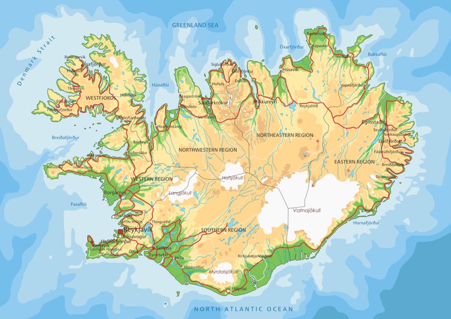 A map of Iceland with notable locations marked in.