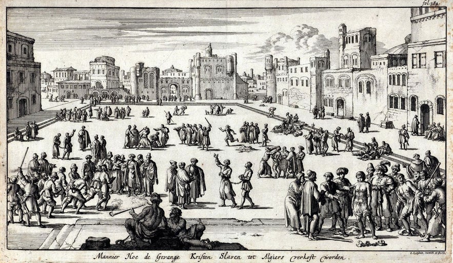 This Dutch engraving from 1684 shows Christian slaves sold at auction in Algiers This Dutch engraving from 1684 shows Christian slaves sold at auction in Algiers