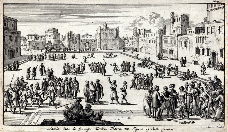 This Dutch engraving from 1684 shows Christian slaves sold at auction in Algiers