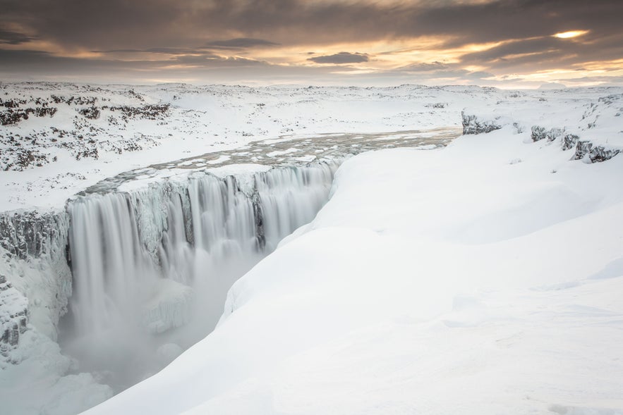 Frozen cascade of Dettifoss Waterfall in Iceland.