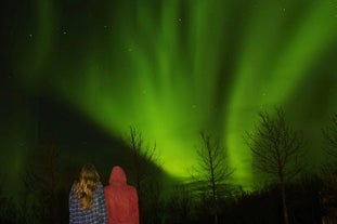 Two travelers admiring the northern lights in Iceland.