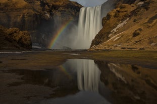 A rainbow forms from the heavy mist of the Skogafoss waterfall in Iceland.