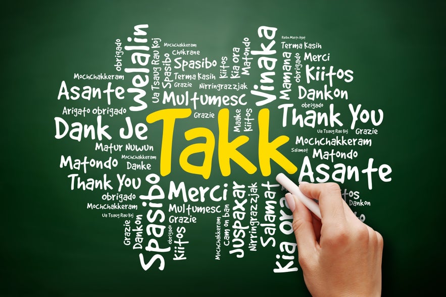 The word &ldquo;takk&rdquo; centered among translations, illustrating meaning in the Icelandic language
