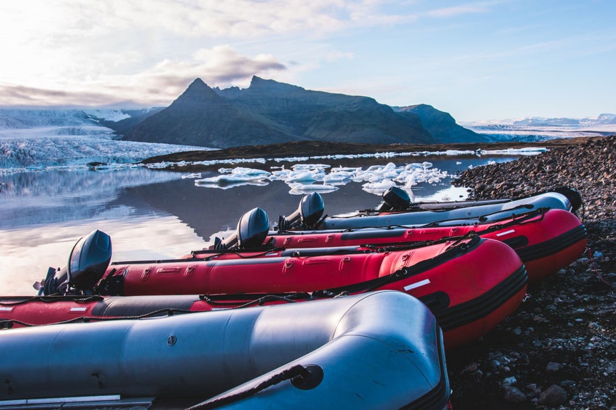 Zodiac boats at Fjallsarlon Glacier Lagoon.