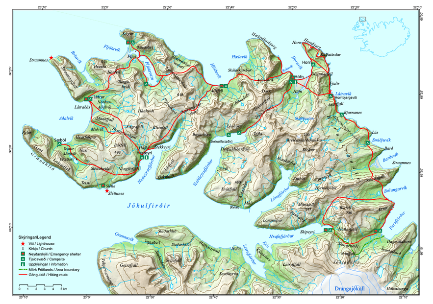 Main hiking routes and campsites in Hornstrandir Nature Reserve. 