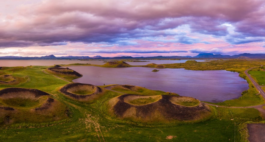 Aerial panoramic view of Myvatn, Iceland at epic sunset. 