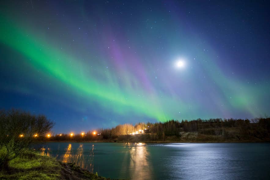 Northern lights dance above the river and trees near Hella, Iceland.