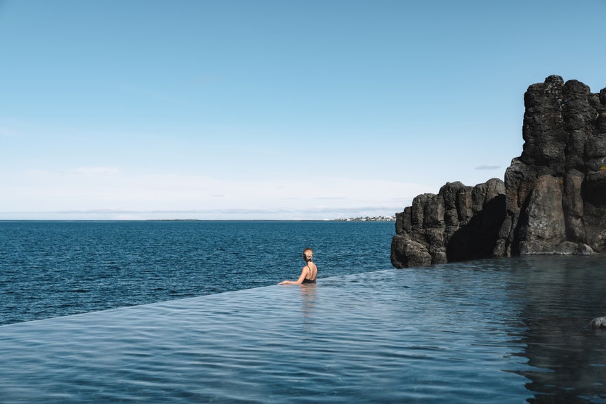 Sky Lagoon infinity edge overlooking the ocean on Iceland&rsquo;s southwest coast.