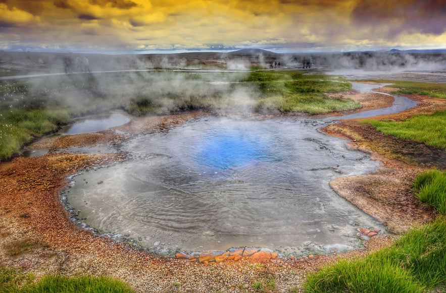 Hveravellir Geothermal Pool near Hveradalir, Iceland Highlands, with steaming hot spring and mineral-rich water.