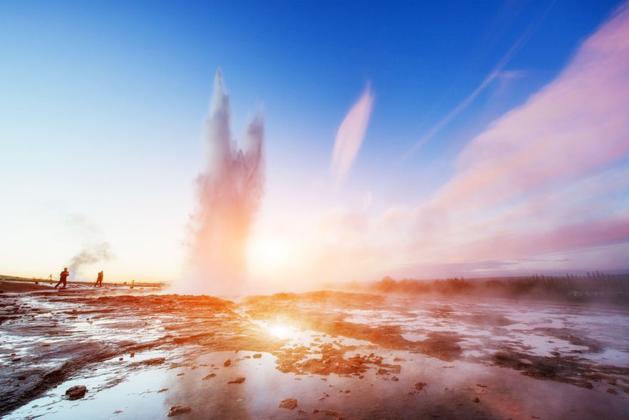 Strokkur geyser erupting in Haukadalur Geothermal Valley, Iceland.
