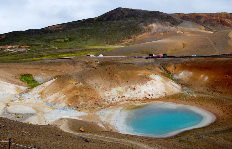 Geothermal Viti crater lake with milky blue, mineral-rich water in Iceland.