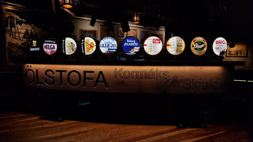 Bar counter and beer taps at Olstofa Kormaks og Skjaldar in Reykjavik.