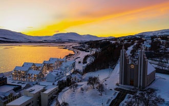 View of the Akureyri Church in sunset from Skald Hotel Akureyri Curio Collection by Hilton