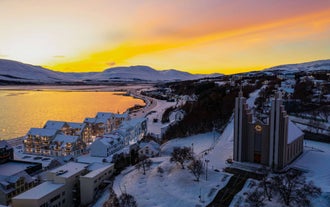 View of the Akureyri Church in sunset from Skald Hotel Akureyri Curio Collection by Hilton