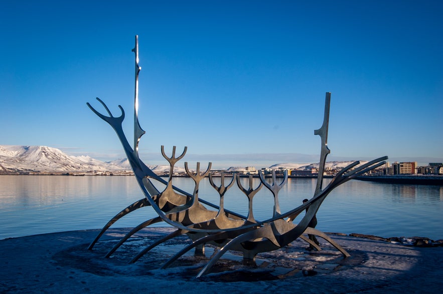 The Sun Voyager Viking ship sculpture overlooking Reykjavik harbor on a clear day.
